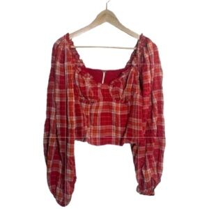 Free People Plaid Smock Puff Sleeve Crop Top